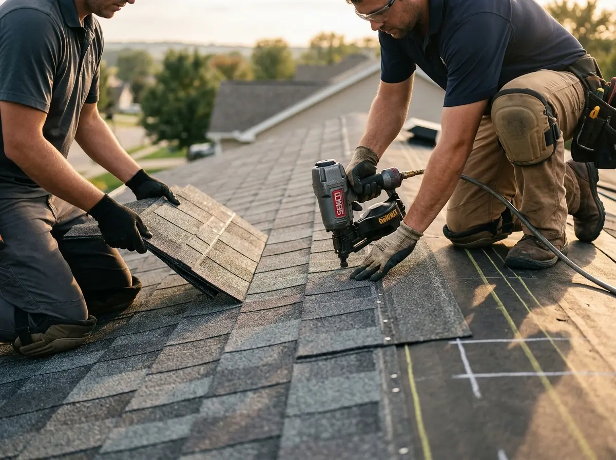 Professional roofer working on a residential roof in Westlake